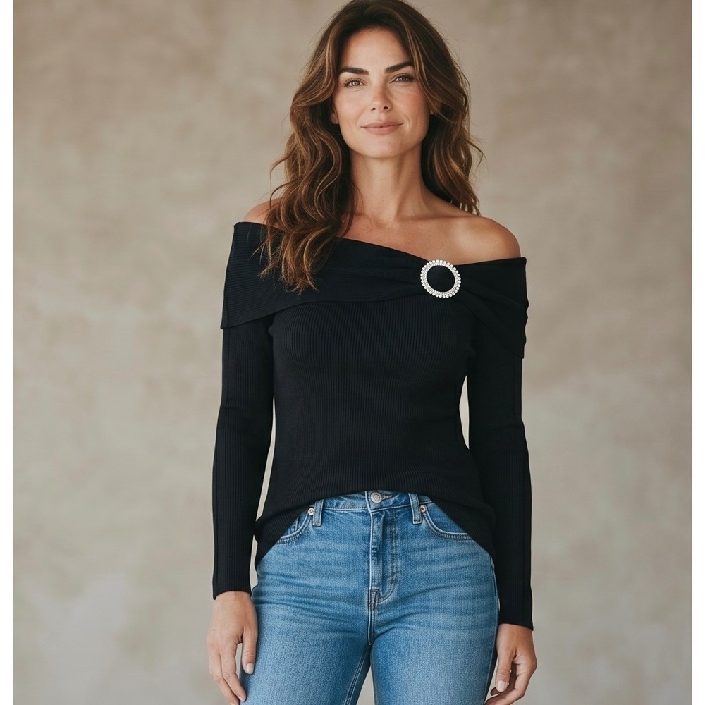 INC International Concepts Womens XL Black Off Shoulder Ribbed Rhinestone Top